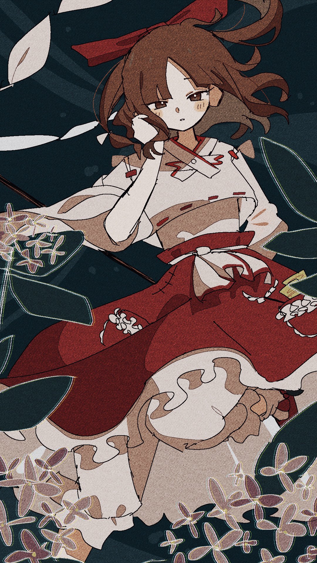 1girl, ankle_socks, blonde_shrine_maiden_from_a_future_era_(touhou), bloomers, bow, brown_eyes, brown_hair, commentary_request, detached_sleeves, frilled_skirt, frills, gohei, hair_bow, hakama, hakama_skirt, highres, japanese_clothes, kagiyama0303, kariginu, long_sleeves, mary_janes, miko, pocket, portrait_of_exotic_girls, red_bow, red_footwear, red_skirt, ribbon-trimmed_shirt, shirt, shoes, skirt, socks, touhou, white_bloomers, white_shirt, white_socks, wide_sleeves