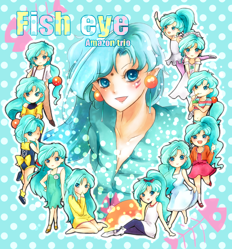 androgynous, ballet, barefoot, bishoujo_senshi_sailor_moon, blue_eyes, blue_hair, character_name, chibi, costume_chart, facial_tattoo, facial_tattoos, fish_eye_(sailor_moon), fisheye_(sailor_moon), long_hair, low-tied_long_hair, male, pantyhose, pointy_ears, polka_dot, polka_dot_background, tattoo, torao_(torakmn), trap, tutu