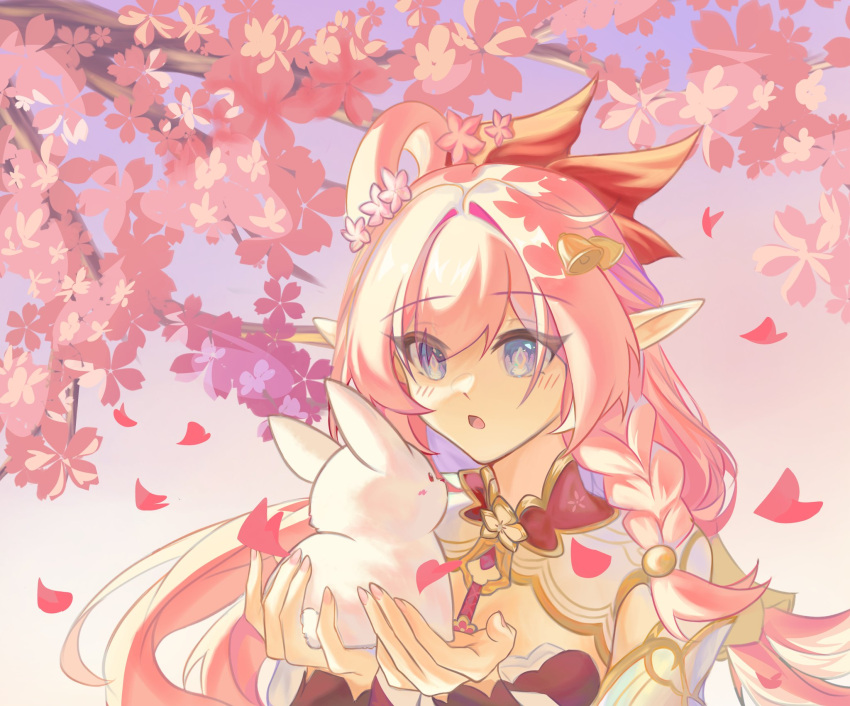1girl, :o, animal, bell, braid, breasts, cherry_blossoms, elf
