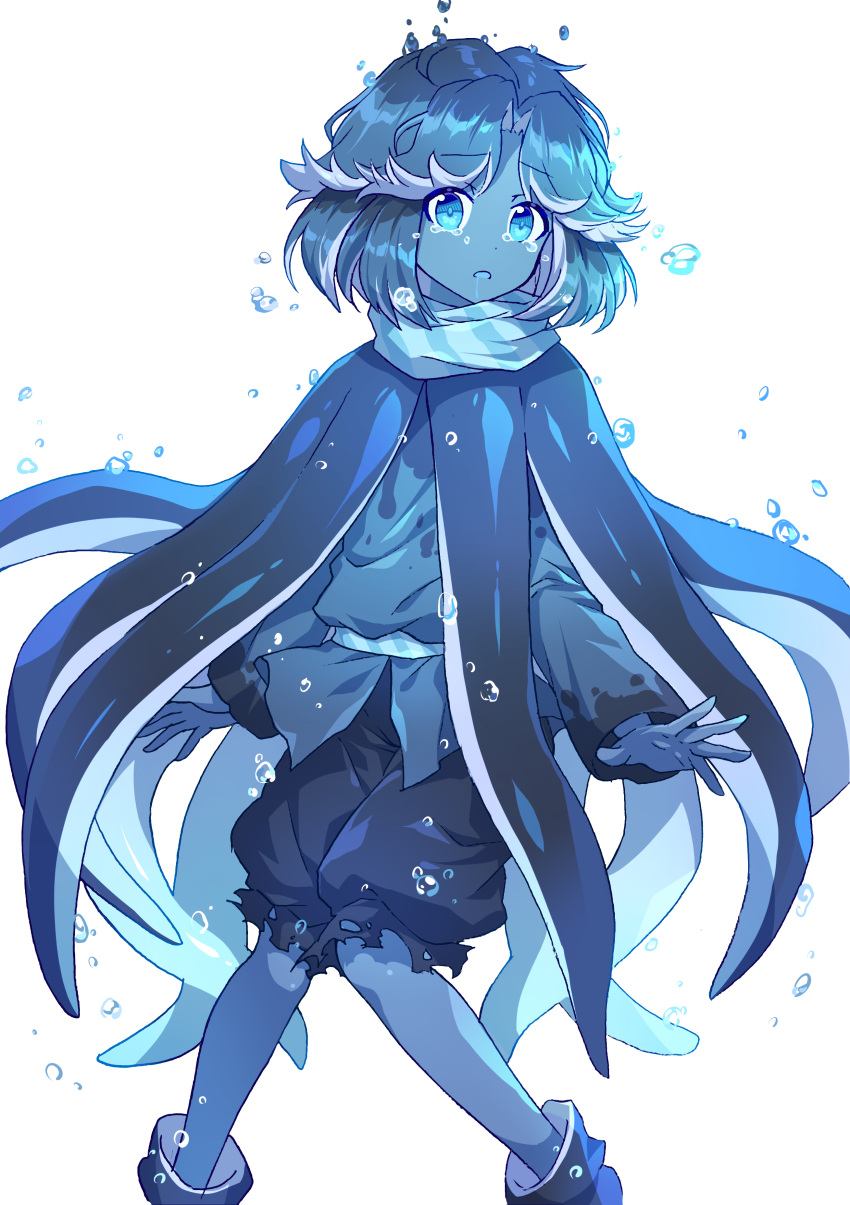1other, absurdres, aqua_hair, aqua_shirt, aqua_skin, aqua_theme, arms_at_sides, black_shorts, blue_eyes, blue_robe, blue_sash, blue_scarf, bubble, colored_inner_hair, cookie_run, crying, crying_with_eyes_open, curtained_hair, dot_nose, feet_out_of_frame, flipped_hair, floating_tears, furrowed_brow, heel_up, highres, humanization, kaoling, knees_together_feet_apart, long_sleeves, medium_hair, middle_part, multicolored_hair, non-deformed, open_hands, other_focus, parted_bangs, parted_hair, parted_lips, pigeon-toed, puffy_shorts, robe, saliva, sash, scarf, shirt, shoes, shorts, simple_background, solo, squid_ink_cookie, stained_clothes, tears, tentacle_clothes, white_background, white_hair
