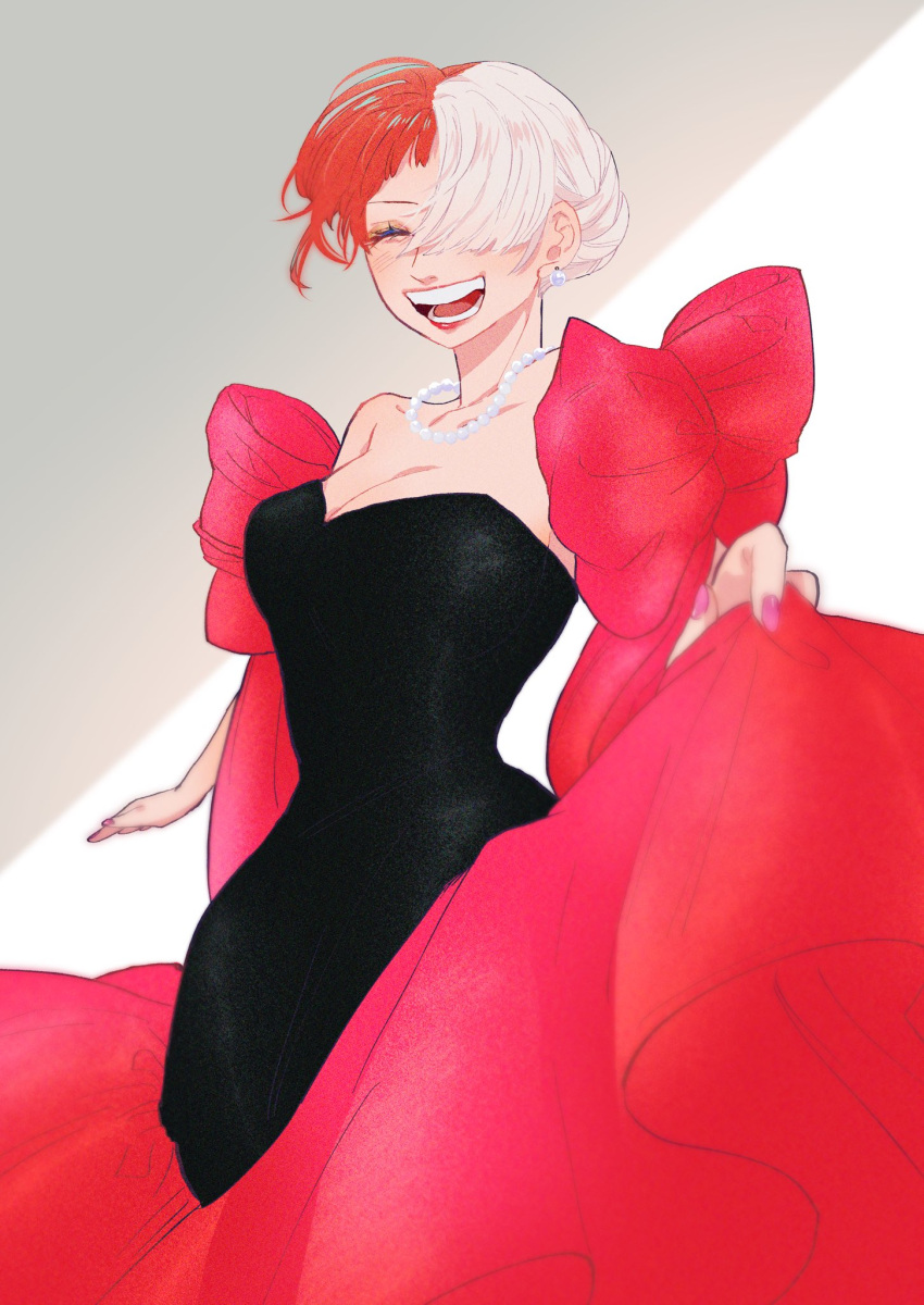 1girl, ^_^, black_dress, closed_eyes, commentary, cowboy_shot, dress, earrings, hair_bun, hair_over_one_eye, heart_blody, highres, jewelry, necklace, one_piece, one_piece_film:_red, open_mouth, pearl_earrings, pearl_necklace, pink_nails, redhead, smile, solo, strapless, strapless_dress, uta_(one_piece), white_hair