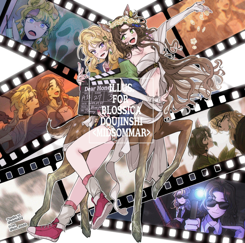 2girls, :d, animal_ears, arm_up, blonde_hair, blonney, blue_jacket, blue_shorts