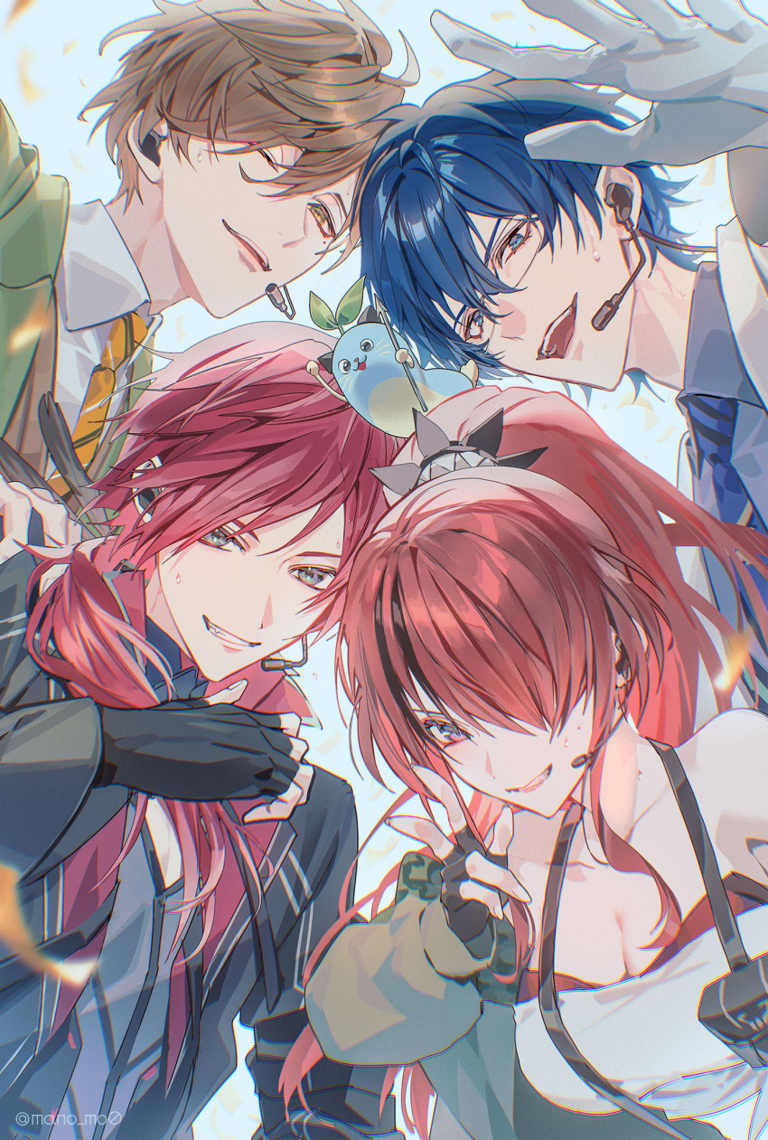 1girl, 3boys, ahoge, bandeau, black_gloves, black_hair, blue_eyes, blue_hair