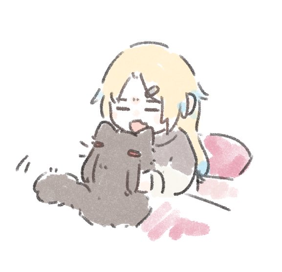 1girl, animal, animalization, ao_kaeru, blonde_hair, blue_hair, cat, fang