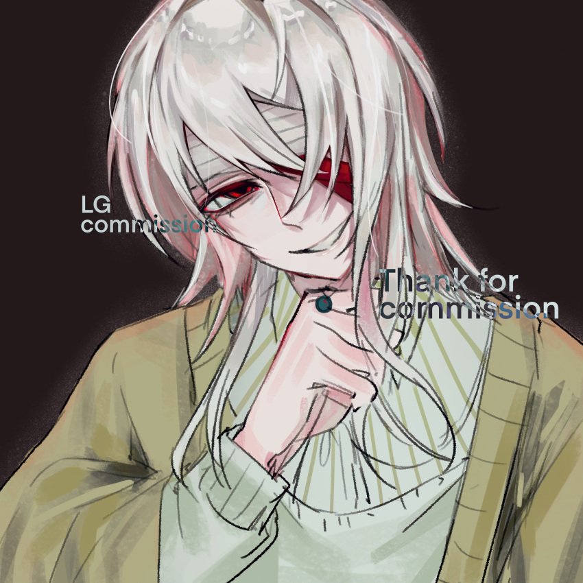 1boy, bandage_over_one_eye, brown_background, cardigan, chinese_commentary, collared_shirt, commentary_request, commission