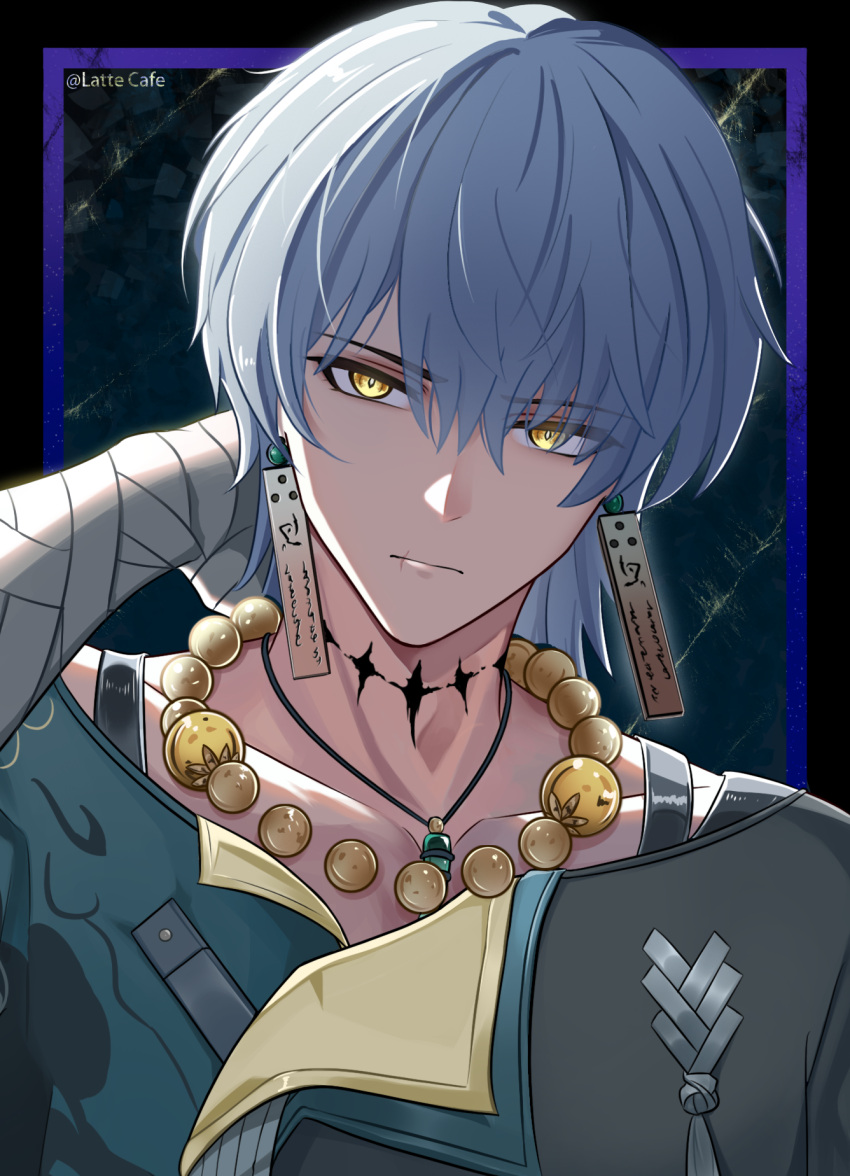 1boy, artist_name, bandaged_hand, bandages, bead_necklace, beads, blue_background, blue_border