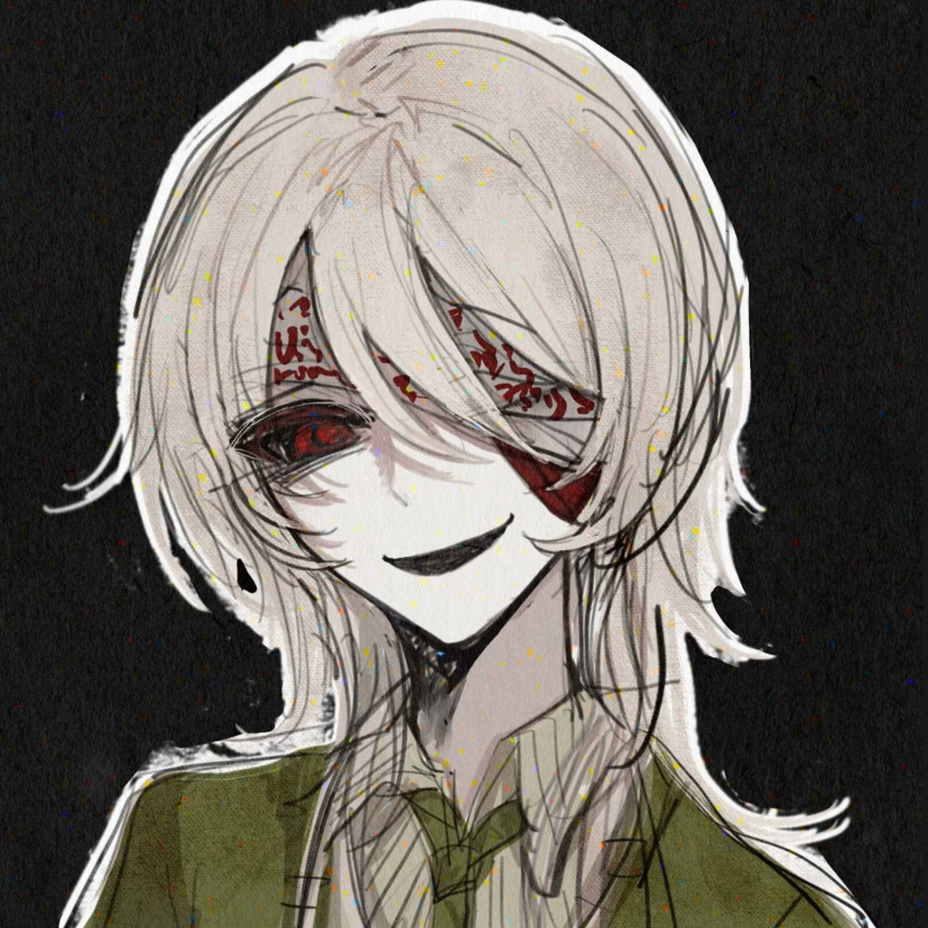 1boy, bandage_over_one_eye, black_background, chinese_commentary, collared_shirt, commentary_request, green_jacket, green_necktie, grey_shirt, highres, jacket, male_focus, necktie, open_clothes, open_jacket, open_mouth, outline, pale_skin, portrait, red_eyes, shirt, shu_nanfeng, simple_background, smile, solo, touqi_guaitan, white_hair, white_outline, zhi_yuyu
