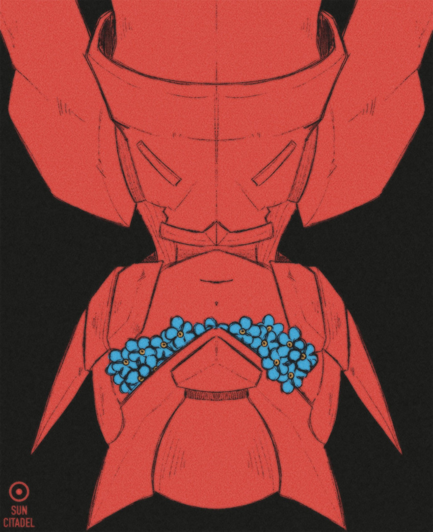 1boy, black_background, blue_flower, colored_skin, covered_eyes, cropped_vest, fake_horns, flower
