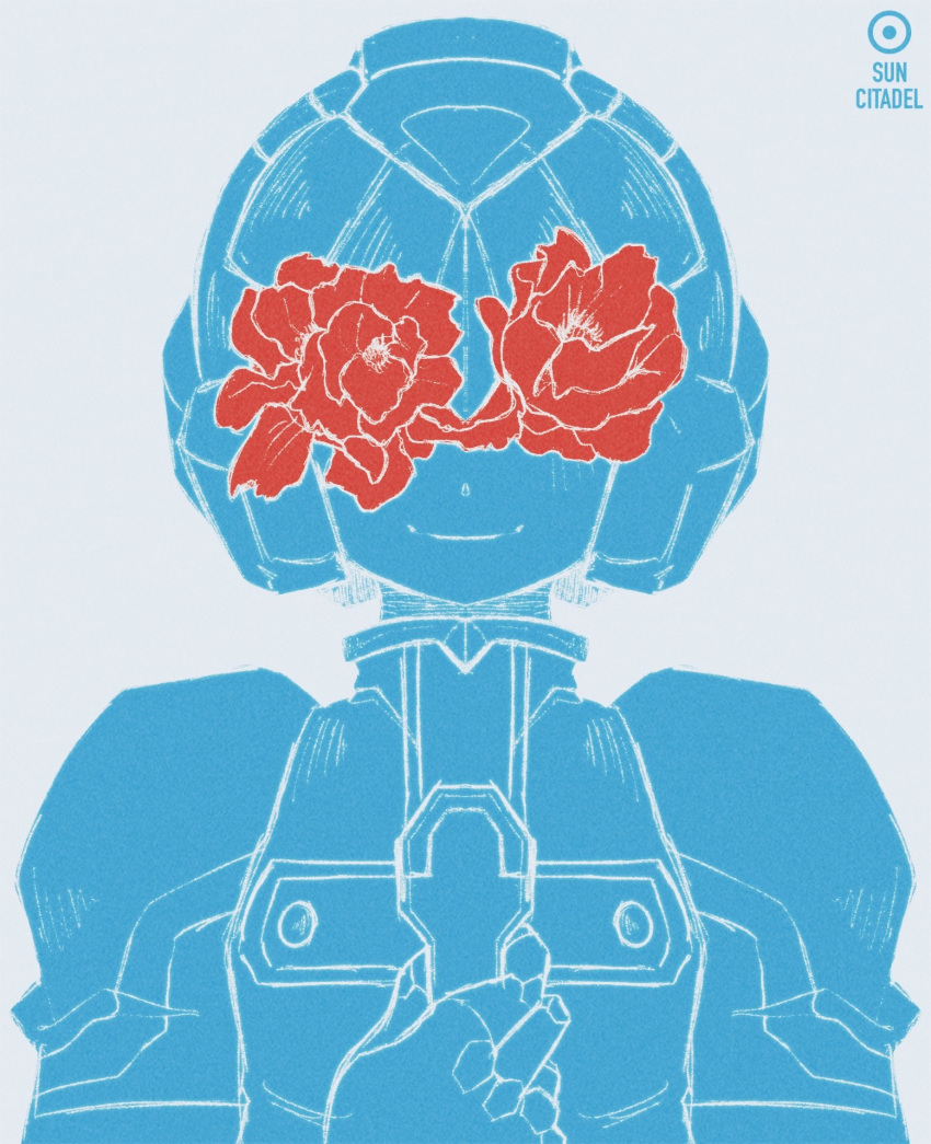 1boy, blue_helmet, blue_robe, blue_skin, colored_skin, covered_eyes, cyber_elf_x_(mega_man), flower