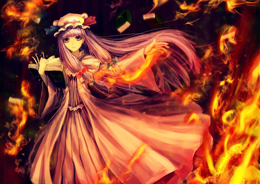 book, crescent, crescent_moon, dress, fire, hat, long_hair, magic