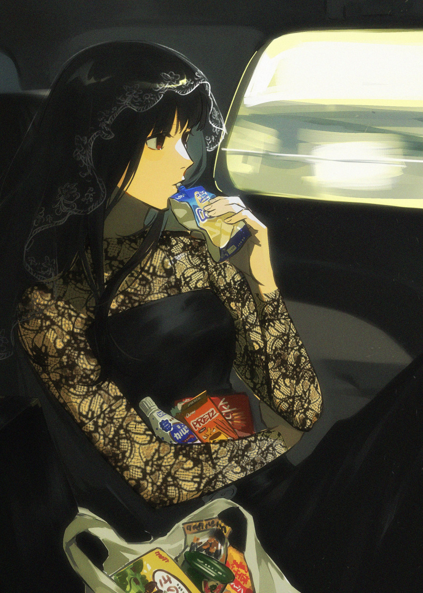 1girl, 5a1_uei, absurdres, bag, black_dress, black_eyes, black_hair, car_interior