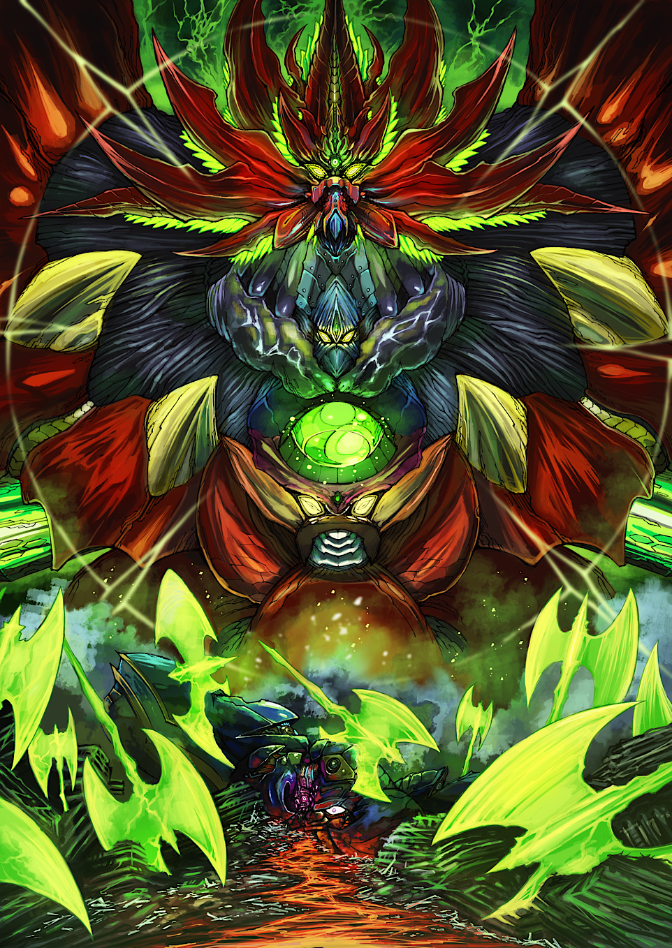 armor, aura, biomechanical, bug_(getter_robo_arc), character_request, destruction, energy_axe, extra_faces, gattai, getter_rays, getter_robo, getter_robo_arc, getter_saint_dragon, glowing, glowing_eyes, green_light, green_sky, highres, mecha, mecha_focus, multiple_faces, no_humans, red_armor, robot, ruins, shin_getter_robo, sky, super_robot, upper_body, yamanushi, yellow_eyes