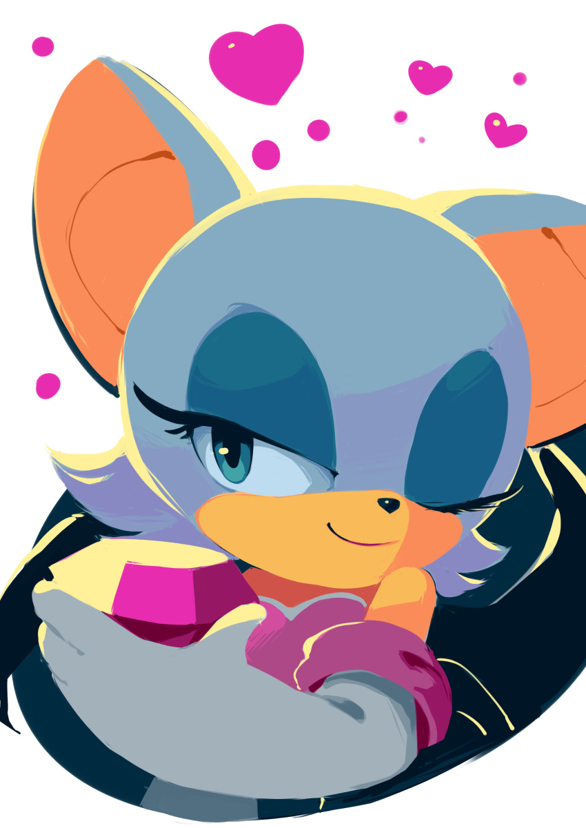 1girl, absurdres, animal_ears, animal_nose, bat_ears, bat_girl, bat_wings, blue_eyeshadow, chaos_emerald, commentary_request, eyeshadow, furry, furry_female, gem, gloves, green_eyes, heart, highres, holding, holding_gem, korean_commentary, makeup, no_lineart, one_eye_closed, powerandy, rouge_the_bat, simple_background, smile, solo, sonic_(series), upper_body, white_fur, white_gloves, wings