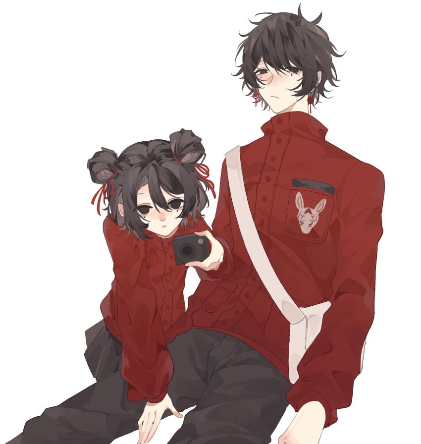 1boy, 1girl, bag, black_eyes, black_hair, black_pants, black_skirt, camera, chinese_commentary, cocomi, commentary_request, dual_persona, earrings, hair_between_eyes, hair_ribbon, hair_rings, high_collar, highres, holding, holding_camera, jacket, jewelry, li_yuting_(female), li_yuting_(male), long_sleeves, male_focus, messenger_bag, mole, mole_under_each_eye, mole_under_eye, multiple_moles, pants, pleated_skirt, red_jacket, red_ribbon, ribbon, short_hair, shoulder_bag, simple_background, skirt, sleeves_past_fingers, sleeves_past_wrists, touqi_guaitan, white_background, white_bag