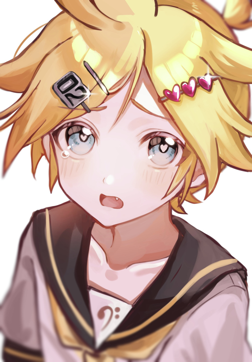 1boy, absurdres, bass_clef, blonde_hair, blue_eyes, fang, hair_ornament, hairclip, heart, heart-shaped_pupils, heart_hair_ornament, highres, kagamine_len, len_02, male_focus, open_mouth, ponytail, portrait, sailor_collar, short_hair, solo, symbol-shaped_pupils, tearing_up, vocaloid