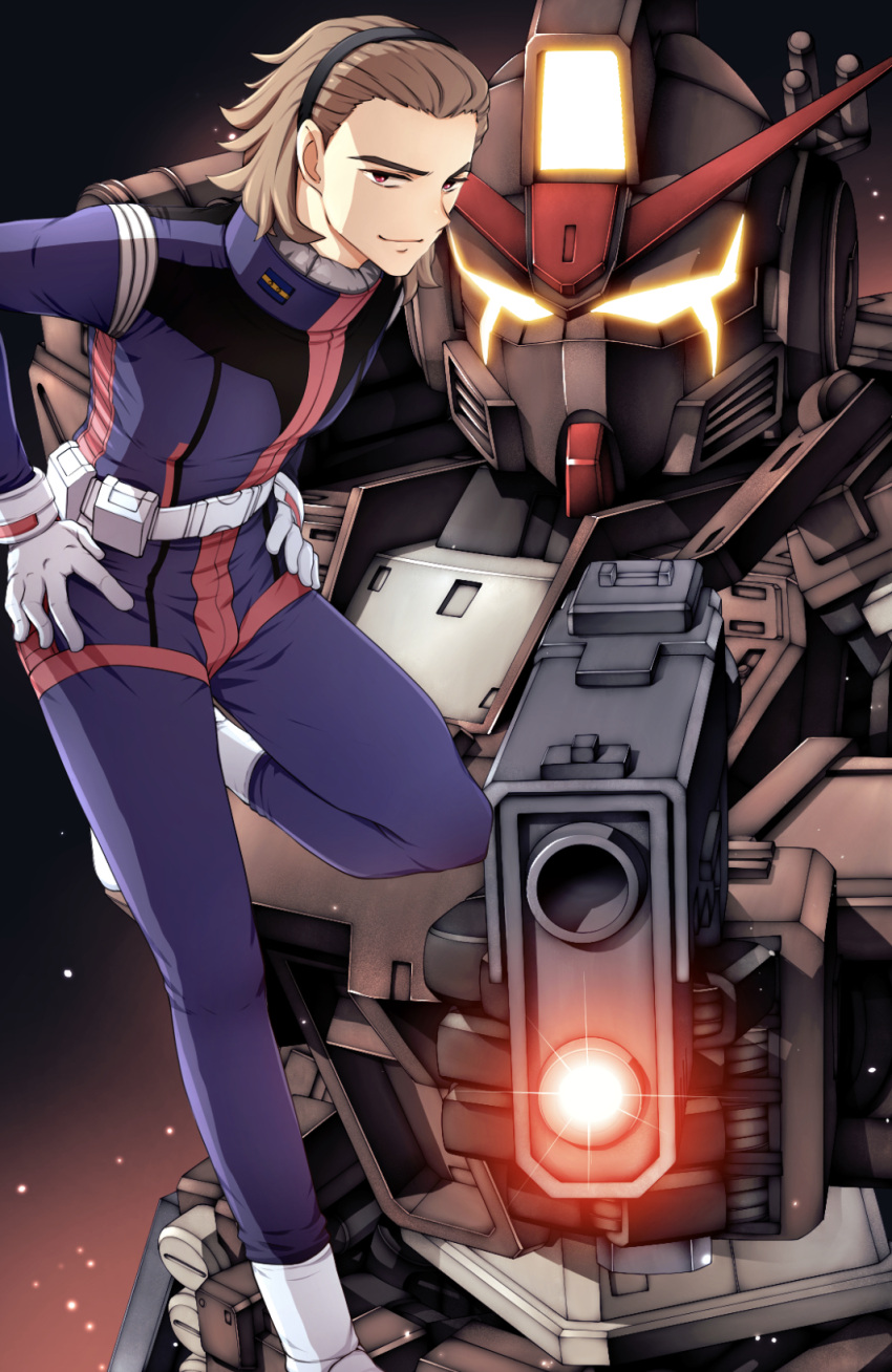 1boy, aiming, backpack, bag, belt, black_hairband, bodysuit, boots, brown_hair, closed_mouth, commentary_request, earth_federation, glowing, glowing_eyes, gm_spartan_rg, gun, gundam, gundam_battle_operation_code_fairy, hair_slicked_back, hairband, handgun, hands_on_own_hips, highres, holding, holding_gun, holding_weapon, leg_up, looking_at_viewer, mecha, mobile_suit, normal_suit, pilot_suit, purple_bodysuit, red_eyes, renato_germi, robot, science_fiction, short_hair, smile, spacesuit, standing, standing_on_one_leg, takagi_shuei, v-fin, weapon, white_belt, white_footwear, yellow_eyes