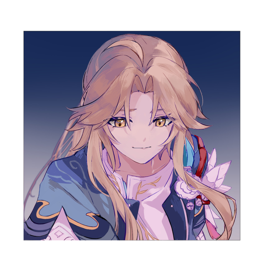 1boy, ahoge, androgynous, bishounen, blonde_hair, blurry, border, butterfly_cut