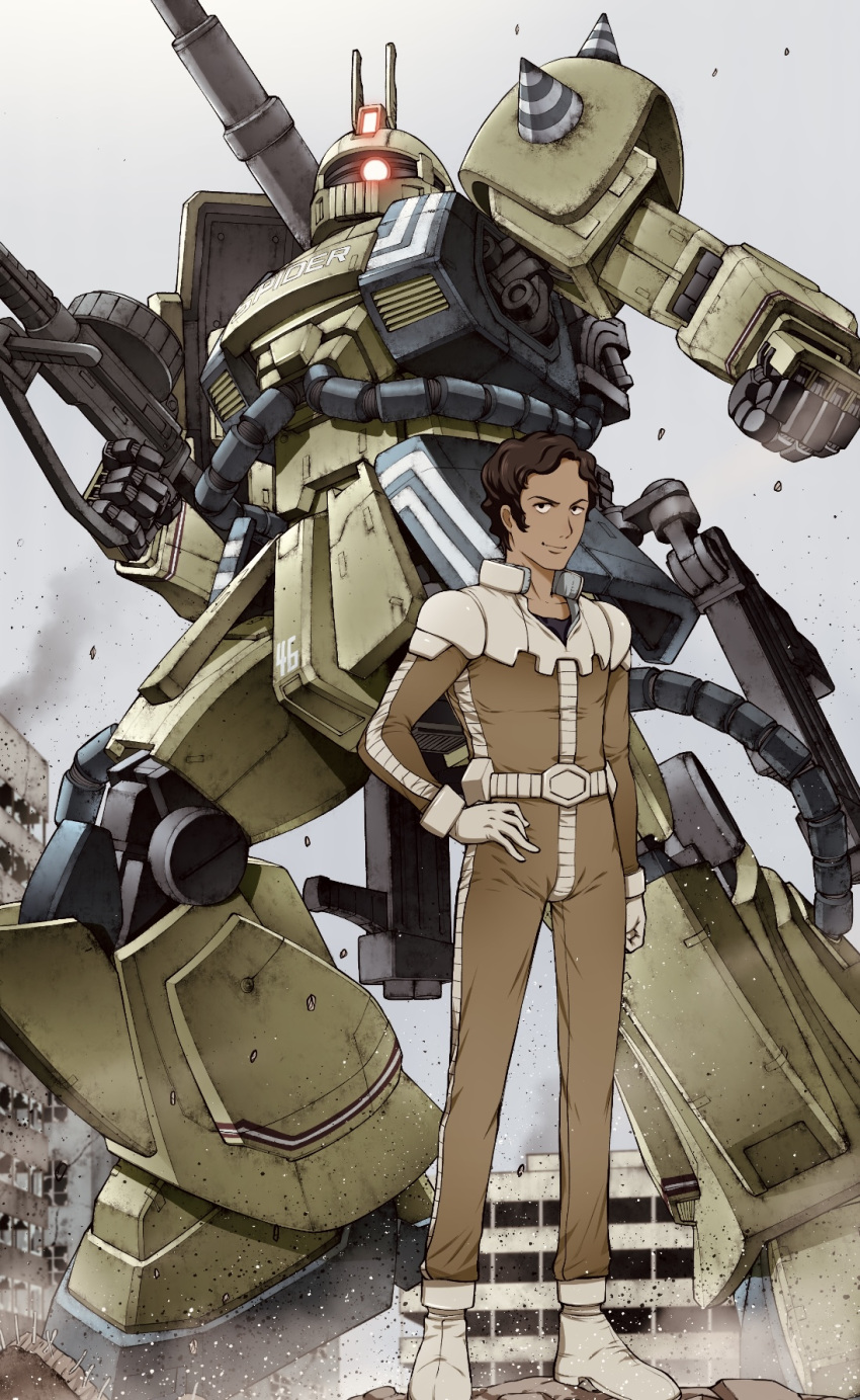 1boy, belt, black_eyes, bodysuit, boots, brown_bodysuit, brown_hair, building