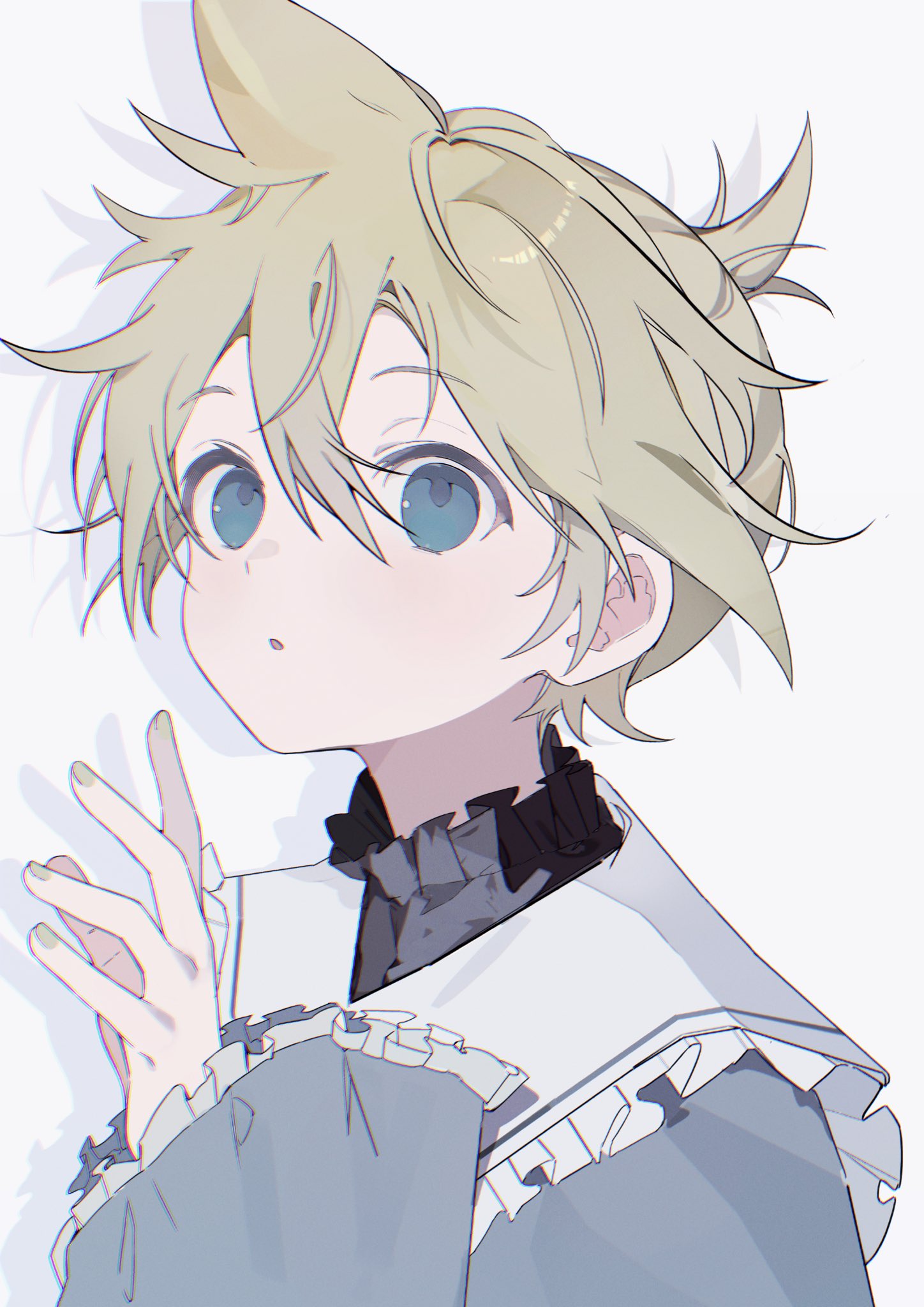 1boy, 25-ji_len, blonde_hair, blue_eyes, collared_shirt, frilled_shirt_collar, frilled_sleeves, frills