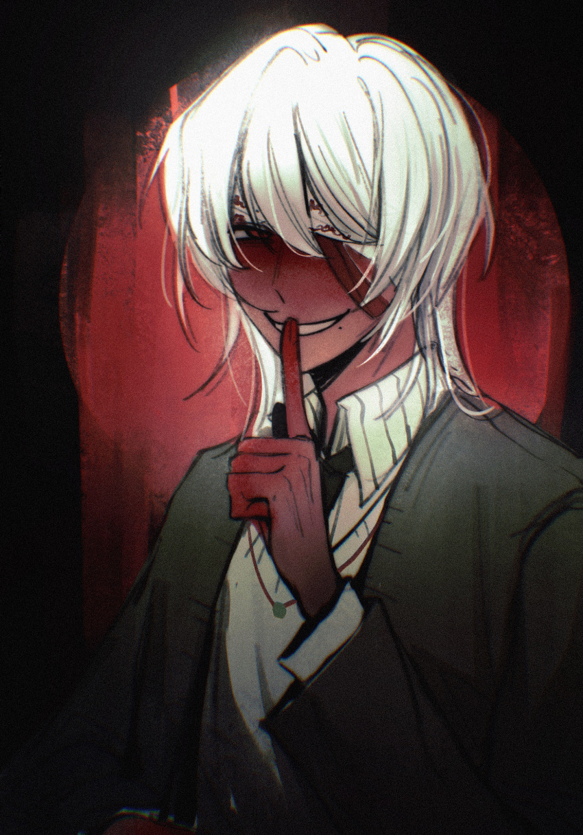 1boy, bandage_over_one_eye, black_cardigan, cardigan, chinese_commentary, collared_shirt, colored_skin, commentary_request