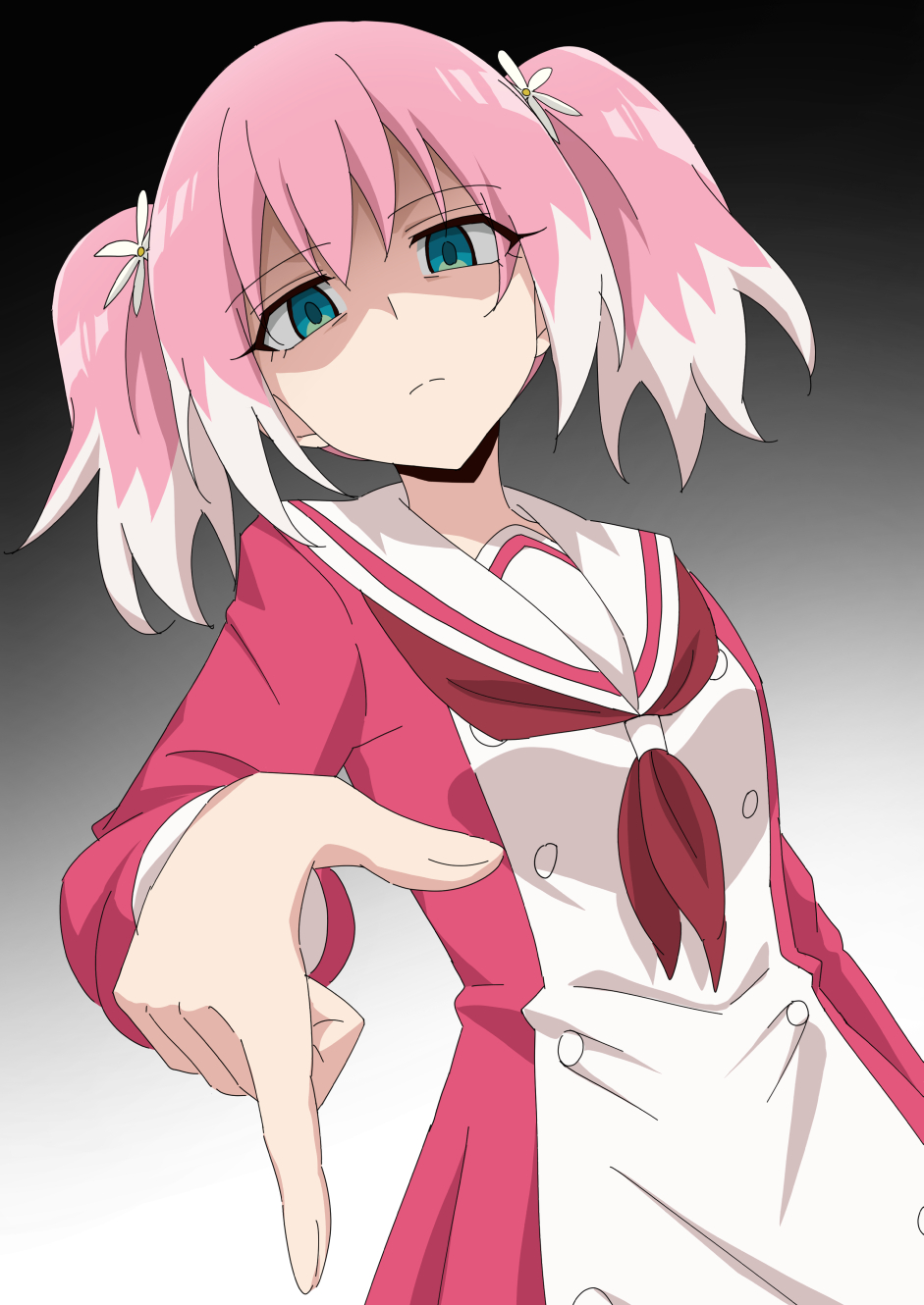 1girl, annoyed, breasts, colored_tips, dress, empty_eyes, flower, frown