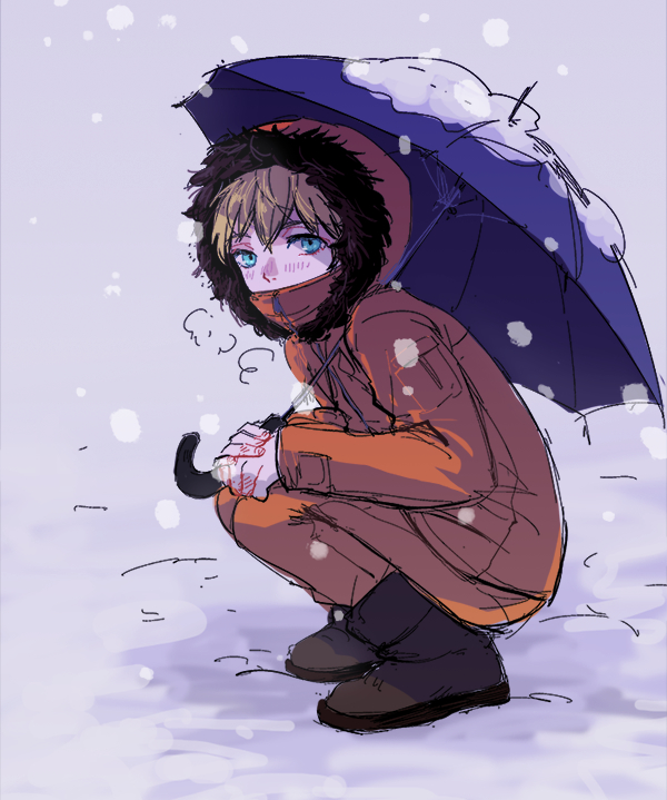 1boy, animification, aromari, blonde_hair, blue_eyes, boots, breath, covered_mouth, full_body, fur-trimmed_hood, fur_trim, holding, holding_umbrella, hood, hood_up, jacket, kenny_mccormick, long_sleeves, looking_at_viewer, male_focus, own_hands_together, pants, parka, snow, snowing, solo, south_park, squatting, umbrella