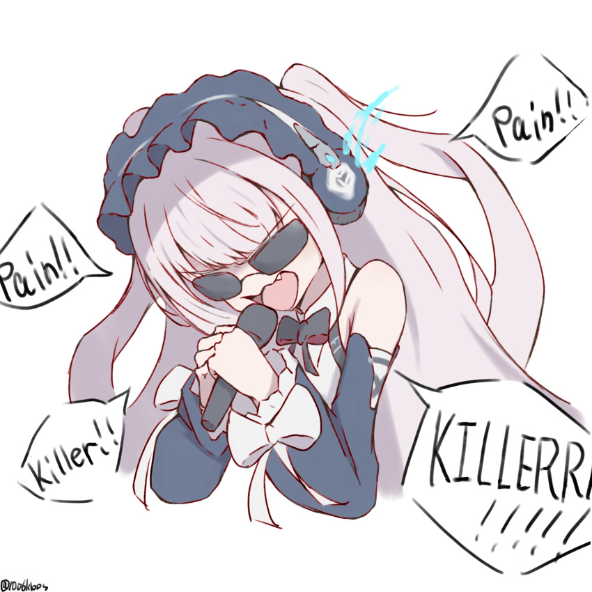 1006kbps, 1girl, absurdres, armpit_crease, artist_name, azur_lane, bare_shoulders, bow, cropped_torso, fang, frilled_hairband, frills, gothic_lolita, hairband, halford_(azur_lane), hands_up, highres, holding, holding_microphone, lolita_fashion, microphone, music, one_side_up, simple_background, singing, sketch, solo, speech_bubble, sunglasses, twitter_username, white_background, white_bow, white_hair
