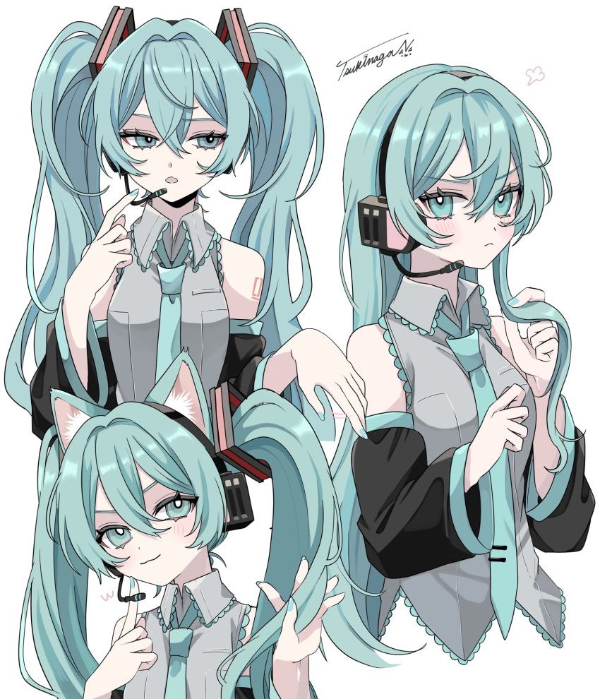 1girl, animal_ears, aqua_eyes, aqua_hair, aqua_nails, aqua_necktie, arm_tattoo, artist_name