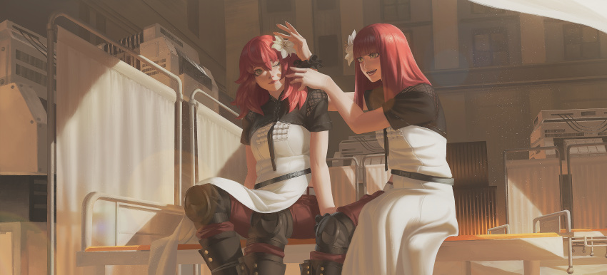 2girls, arm_support, bed, cross-laced_clothes, cross-laced_legwear, curtains, devola, english_commentary