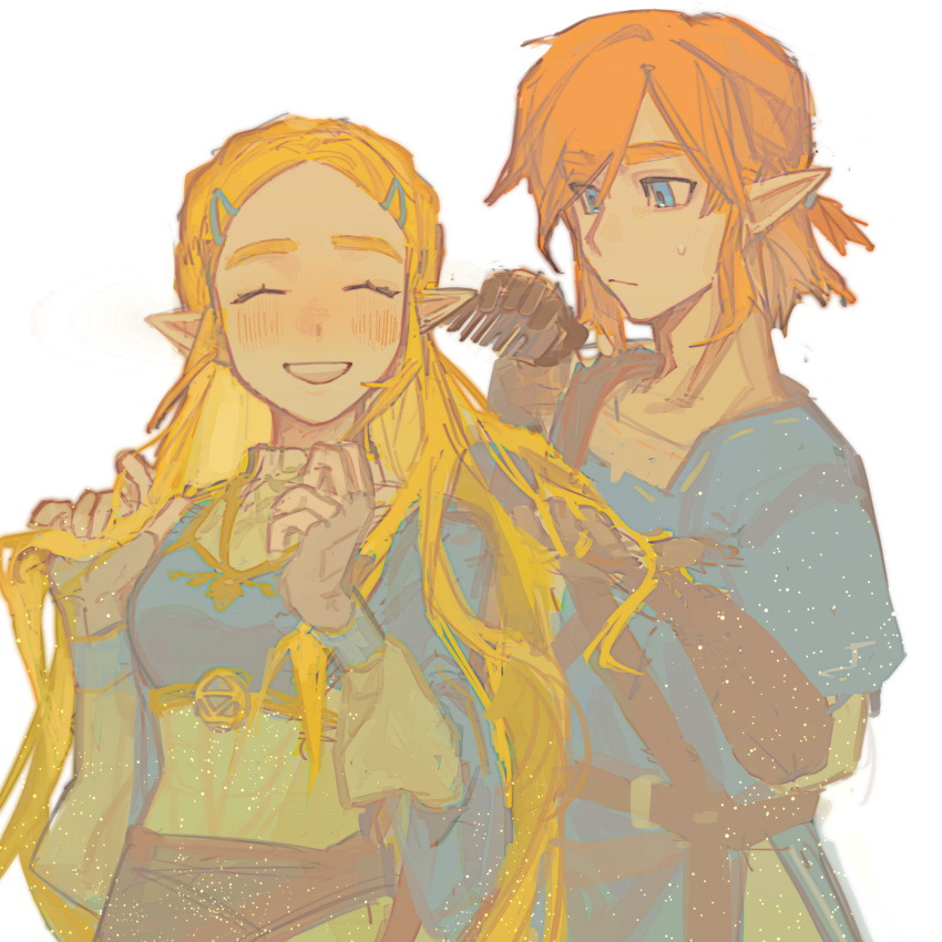 1boy, 1girl, :d, ^_^, aqua_shirt, blonde_hair, blue_eyes, blush, brushing_another's_hair, brushing_hair, chinese_commentary, closed_eyes, closed_mouth, comb, commentary_request, cowboy_shot, facing_viewer, hair_ornament, hairclip, hands_up, highres, holding, holding_comb, light_particles, link, long_hair, long_sleeves, looking_at_another, making-of_available, muli_xiao_die, open_mouth, orange_hair, parted_bangs, pointy_ears, princess_zelda, procreate_(medium), shirt, short_hair, simple_background, smile, standing, sweatdrop, the_legend_of_zelda, the_legend_of_zelda:_tears_of_the_kingdom, white_background