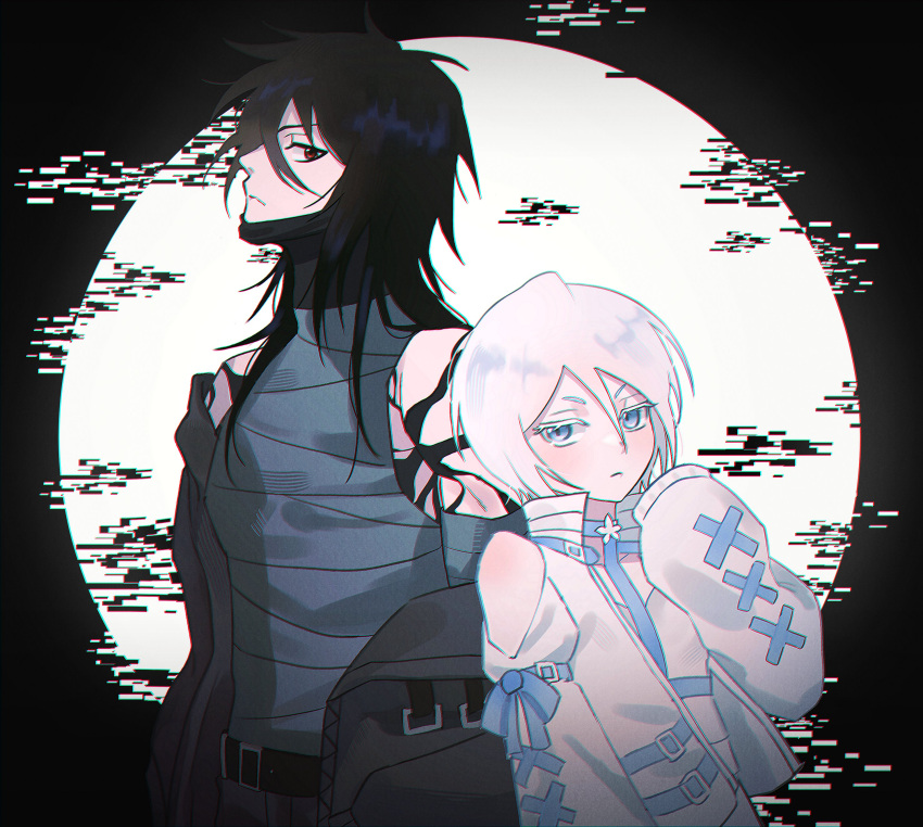 1boy, 1girl, absurdres, adapted_costume, arms_at_sides, bandaged_torso, bare_shoulders, belt