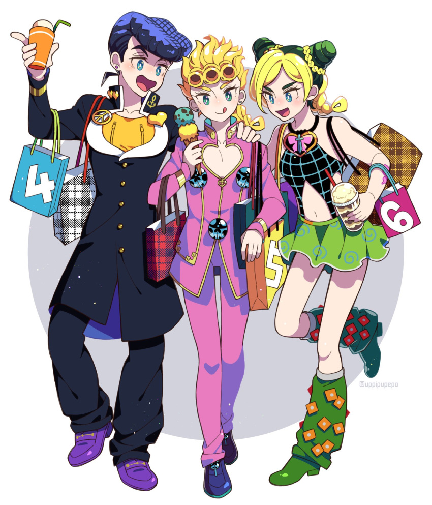 1girl, 2boys, anchor_symbol, bag, black_coat, black_hair, black_pants, blonde_hair