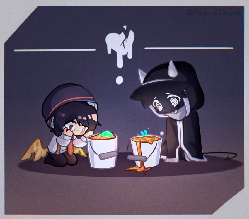2boys, badboyhalo, beanie, bird_boy, bird_wings, black_skin, border, bucket_of_lava