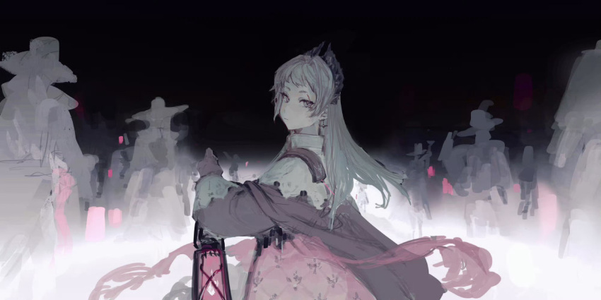 1girl, arknights, black_dress, chinese_commentary, closed_mouth, commentary_request, cowboy_shot, dress