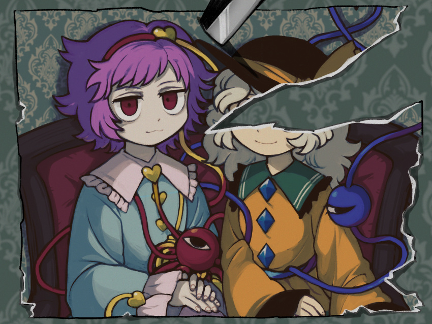 2girls, black_hat, blue_shirt, buttons, collared_shirt, commentary_request, couch, diamond_button, frilled_shirt_collar, frilled_sleeves, frills, furukawa_(yomawari), green_hair, hair_ornament, hairband, hat, hat_ribbon, heart, heart_button, heart_hair_ornament, heart_of_string, highres, knife, komeiji_koishi, komeiji_satori, long_hair, long_sleeves, looking_at_viewer, multiple_girls, photo_(object), purple_hair, red_eyes, red_hairband, ribbon, shirt, siblings, sisters, third_eye, torn_photo, touhou, wide_sleeves, yellow_ribbon, yellow_shirt