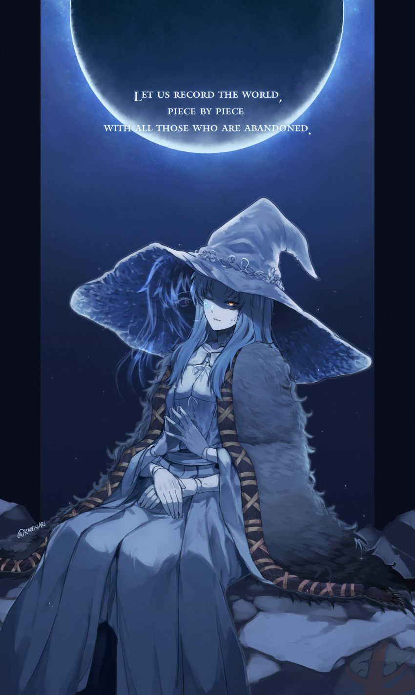 1girl, absurdres, angela_(project_moon), blue_hair, cape, cosplay, dress, elden_ring