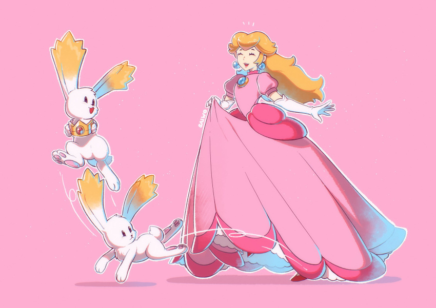 1girl, blonde_hair, brooch, closed_eyes, crown, dress, earrings, elbow_gloves