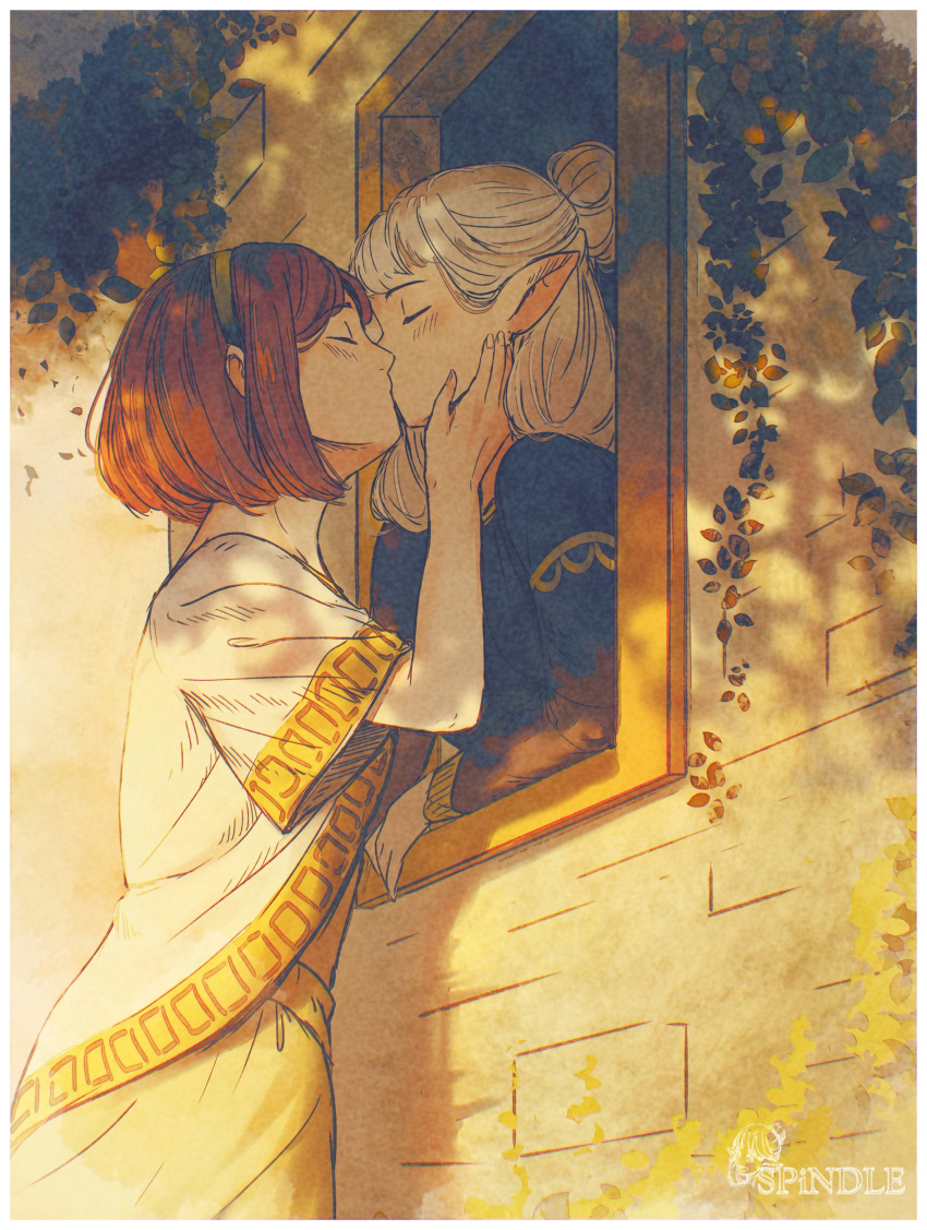 2girls, absurdres, arm_rest, artist_logo, artist_name, asimov_(spindle_(aidenr0)), black_hairband, blue_dress, blush, bob_cut, border, brick_wall, brown_hair, closed_eyes, commentary, couple, cowboy_shot, dress, dusk, elbow_rest, elf, english_commentary, foliage, from_side, hair_behind_ear, hair_bun, hairband, hand_on_another's_face, highres, ivy, kiss, long_sleeves, loose_hair_strand, medium_hair, multiple_girls, open_window, original, ottilie_(spindle_(aidenr0)), outdoors, pointy_ears, shadow, shirt, short_hair, short_sleeves, single_hair_bun, skirt, spindle_(aidenr0), standing, through_window, upper_body, white_border, white_hair, white_shirt, wide_sleeves, window, yellow_skirt, yellow_trim, yuri