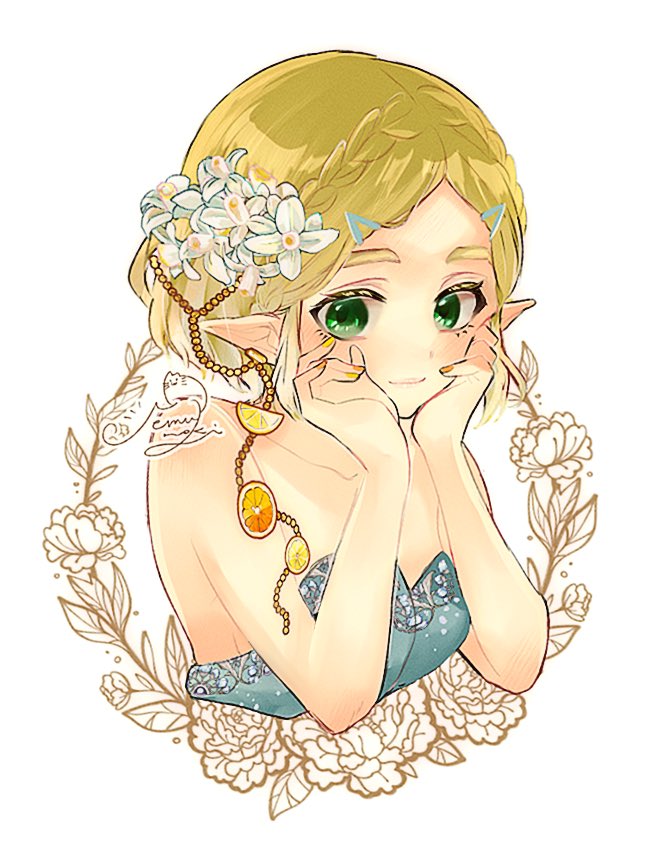 1girl, artist_name, bare_shoulders, braid, breasts, closed_mouth, crown_braid, dress, flower, food-themed_hair_ornament, green_eyes, grey_dress, hair_flower, hair_ornament, hairclip, hands_on_own_cheeks, hands_on_own_face, light_blush, medium_breasts, multicolored_nails, nail_polish, ne_muno_ki, orange-shaped_ornament, orange_hair_ornament, parted_bangs, princess_zelda, short_hair, sidelocks, smile, solo, strapless, strapless_dress, the_legend_of_zelda, the_legend_of_zelda:_breath_of_the_wild, the_legend_of_zelda:_tears_of_the_kingdom, thick_eyebrows, upper_body, white_background, white_flower