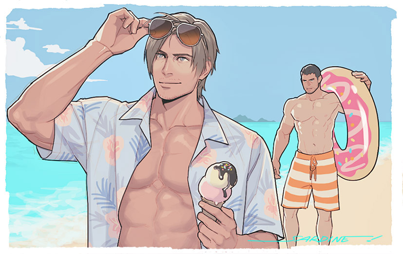 2boys, adjusting_eyewear, beach, blue_eyes, border, brown_hair, chris_redfield, collared_shirt