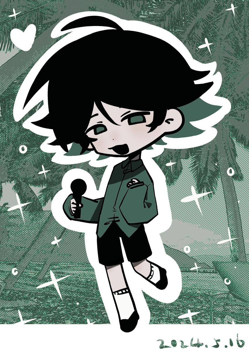 1boy, absurdres, asamikhya, bei_fengling, black_footwear, black_hair, black_shorts, chinese_commentary