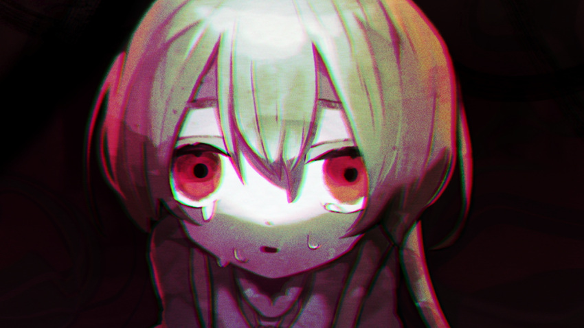1girl, aishite_aishite_aishite_(vocaloid), alternate_eye_color, brown_shirt, chromatic_aberration, commentary_request, crying, crying_with_eyes_open