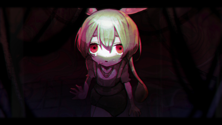 1girl, aishite_aishite_aishite_(vocaloid), alternate_eye_color, brown_shirt, brown_shorts, chromatic_aberration, commentary_request, crying