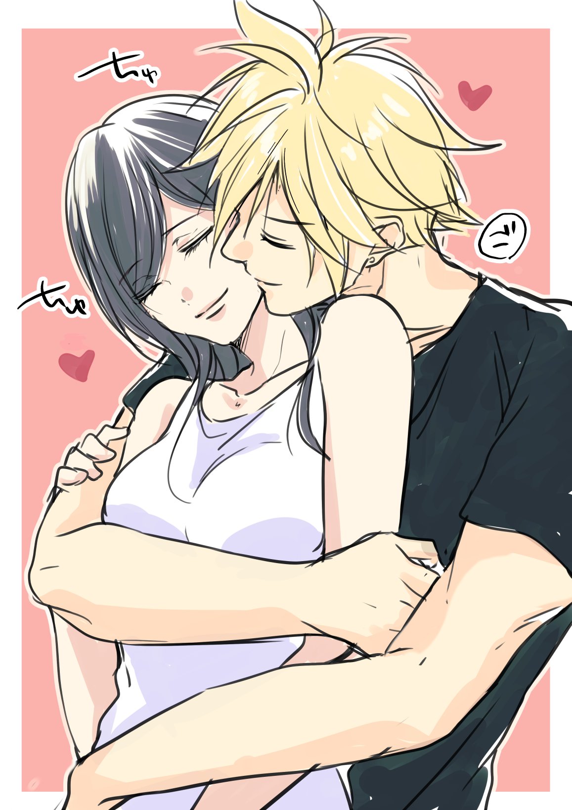 1boy, 1girl, bare_arms, bare_shoulders, black_hair, black_shirt, blonde_hair, border