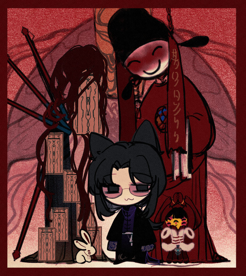 :3, black_eyes, black_hair, black_jacket, chibi, chibi_only, chinese_commentary, closed_mouth