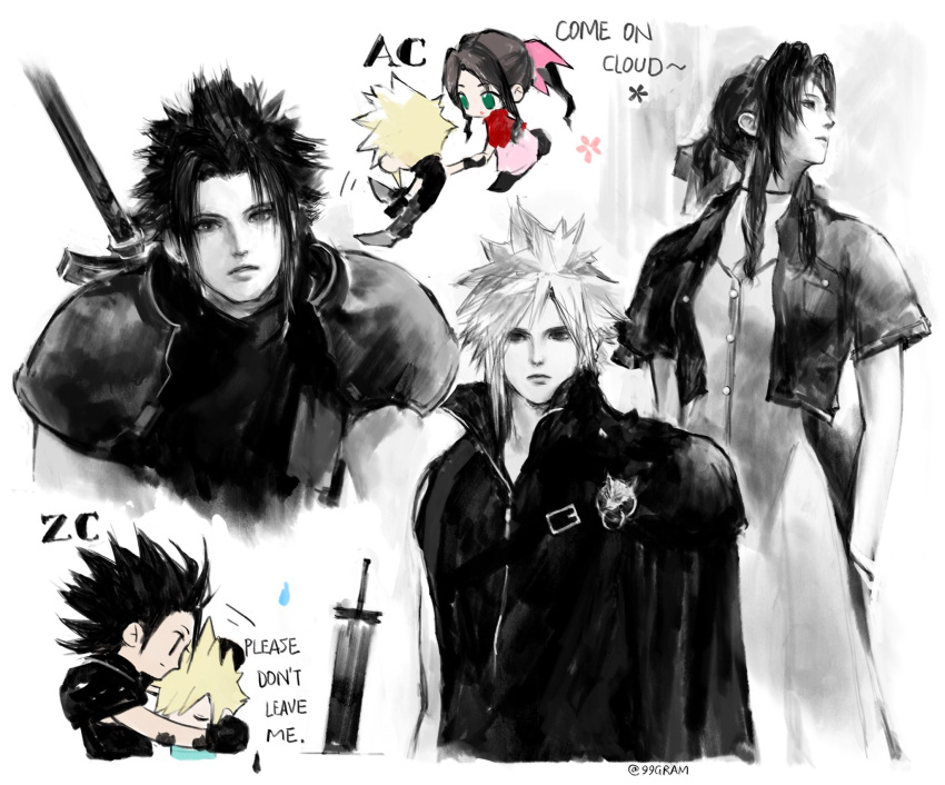 1girl, 2boys, aerith_gainsborough, armor, black_hair, black_sleeves, black_vest, blonde_hair