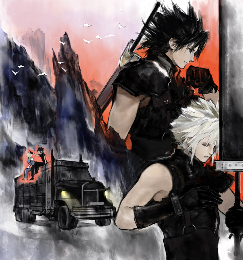 2boys, armor, bird, black_gloves, black_hair, blonde_hair, buster_sword, closed_eyes