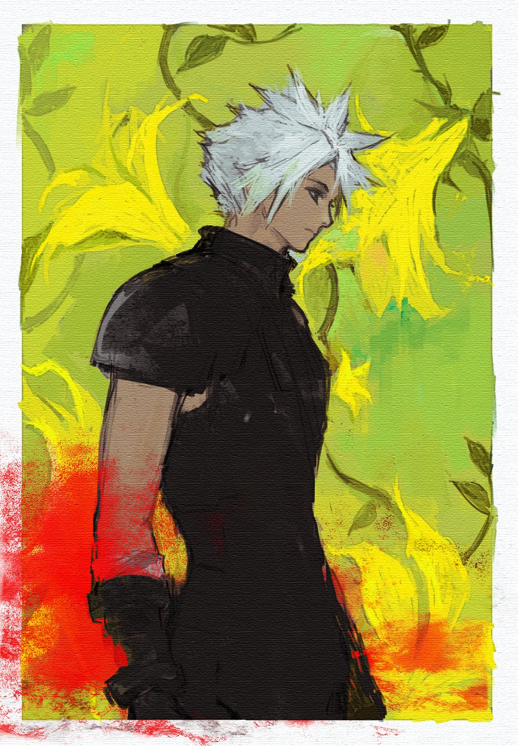 1boy, armor, black_gloves, black_shirt, blonde_hair, border, closed_mouth, cloud_strife