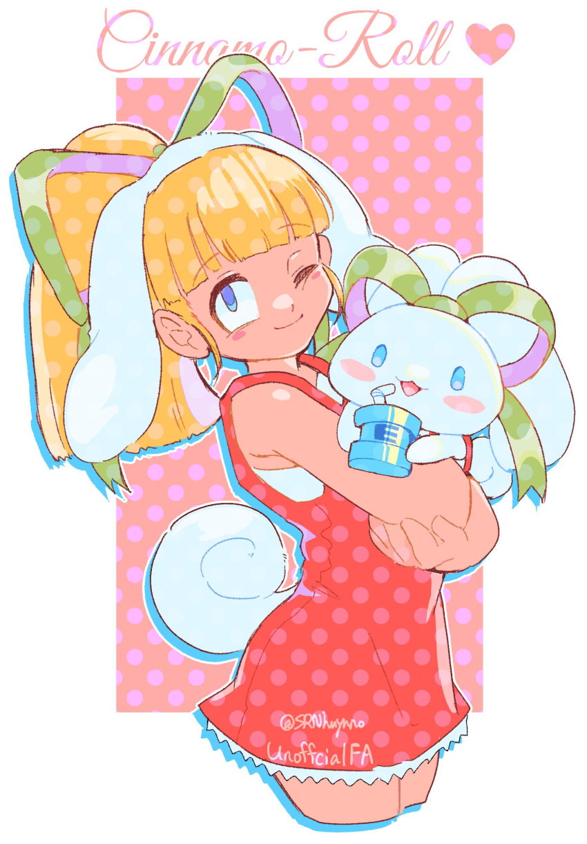 1girl, :3, animal_ear_hairband, animal_ears, blonde_hair, blue_eyes, blunt_bangs, blush_stickers, can, character_name, cinnamoroll, creature, cropped_legs, curled_tail, dress, drinking_straw, drop_shadow, energy_tank, english_text, fake_animal_ears, fake_tail, from_side, fuwa_fuwa_cinnamoroll, green_ribbon, hair_ribbon, hairband, heart, highres, holding, holding_can, holding_creature, looking_at_viewer, mega_man_(classic), mega_man_(series), name_connection, one_eye_closed, open_mouth, ponytail, red_dress, ribbon, roll_(mega_man), sanrio, short_dress, sleeveless, sleeveless_dress, smile, srnhuyuno, tail, tied_ears