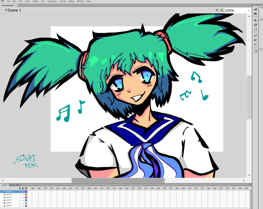 1girl, adobe_flash, blue_eyes, blue_ribbon, blue_sailor_collar, green_hair, hatsune_miku, highres